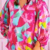 Pink Plus Size Graffiti Print Split Neck Puff Sleeve Blouse