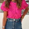 Rose Crochet Lace Hollowed Puff Sleeve Blouse