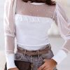 White Pearl Decor Mesh Patchwork Ribbed Long Sleeve Top