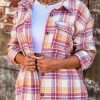 Red Plaid Print Rounded Hem Shirt Jacket