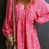 Rose Floral Print Empire Waist Bubble Sleeve Dress