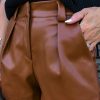 Women's Brown Faux Leather Pleated Casual Shorts