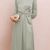 Green Twist Front Tie Back Long Sleeve Satin Dress