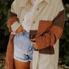 Brown Corduroy Colorblock Pocket Plus Size Jacket