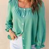 Women's Green Flounce Sleeve Square Neck Button-Up Shirt