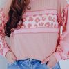 Women's Pink Leopard Patchwork Waffle Knit Long Sleeve Top