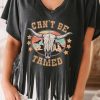 Black Western Steer Skull Print Fringed V Neck T Shirt