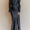 Elegant Blue Drape Neck Tie Waist Long Sleeve Slit Dress