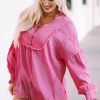 Pink Retro Frilled Seam Crinkle Puff Sleeve Blouse