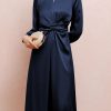 Blue Twist Front Tie Back Long Sleeve Satin Dress