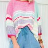 Women's Pink Color Block Striped Sweater With Three-Quarter Sleeves