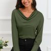 Green Cowl Neck Long Sleeve Elegant Blouse