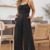 Women's Black Spaghetti Strap Backless Knot Wide-Leg Jumpsuit