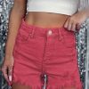 Red Distressed Raw Edge Cutoff Denim Shorts