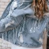 Trendy Sky Blue Sequin Fringe Denim Jacket For Women