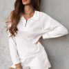 Women's White Ribbed Zipper Sweatshirt And High Waist Shorts Set