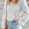 Elegant White Lace Patchwork Long Sleeve Ribbed Casual Top