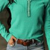 Green Trimmed Neckline Waffle Knit Henley Top