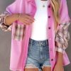 Women's Rose Plaid Patchwork Chest Pockets Oversized Shirt Jacket