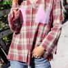 Red Contrast Patchwork Raw Edge Distressed Plaid Shirt