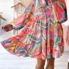 Multicolor Geometric Print Split Neck Ruffle Tiered Mini Dress