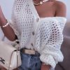 Women's White Hollowed Knit Dolman Sleeve Sweater Cardigan