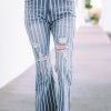 Sky Blue Vertical Striped Ripped Flare Jeans