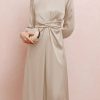 Apricot Twist Front Tie Back Long Sleeve Satin Dress