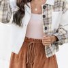 White Corduroy Plaid Colorblock Patchwork Shacket