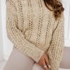 Khaki Eyelets Cable Knit Drop Shoulder Sweater