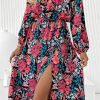 Women's Red Floral V Neck Dress With Elastic High Waist And Split Detail