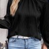 Black Frilled Mock Neck Ripple Bubble Sleeve Blouse