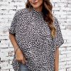 Black Oversized Leopard Ruched Batwing Sleeve Blouse