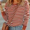 Red Striped Print Ribbed Trim Long Sleeve Top