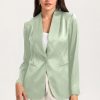 Green Collared Neck Single Breasted Blazer With Pockets