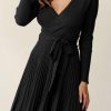 Black Belted V Neck Ribbed Pleated Sweater Dress