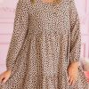 Stylish Brown Leopard Spotted Plus Size Shift Dress With Long Sleeves