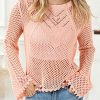 Women's Pink Hollowed Eyelets Knit Bell Sleeve Sweater