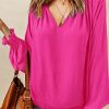 DLChic Rose Pleated V Neck Puffy Sleeve Blouse - Elegant And Fashionable Women's Top