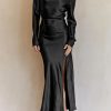 Elegant Black Drape Neck Tie Waist Long Sleeve Slit Dress