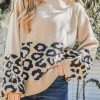 Khaki Leopard Patchwork Knitted Puff Sleeve Sweater