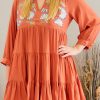 Women's Orange Embroidered Tiered Ruffle Dress