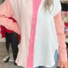 Pink Color Block Patchwork Crinkle Long Sleeve Shirt