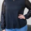 Women's Black Sequin Contrast Long Sleeve Plus Size Top