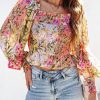 Multicolor Floral Smocked Blouse With Frilled Trim And Square Neck