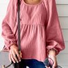 Pink Bubble Sleeve Textured Flowy Blouse