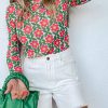 Red Retro Floral Print Stretchy Long Sleeve Top For Women