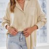 Apricot Solid Buttoned Chest Pocket High Low Loose Shirt