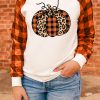 Orange Pumpkin Print Plaid Raglan Sleeve Top