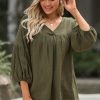 Green Textured V Neck Bracelet Sleeve Babydoll Blouse